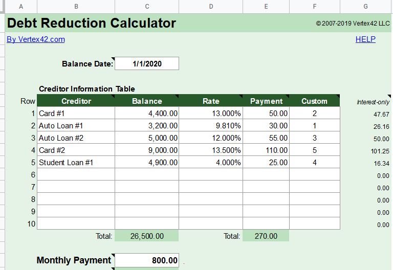 Screenshot of debt tracker spreadsheet for steps on how to usea