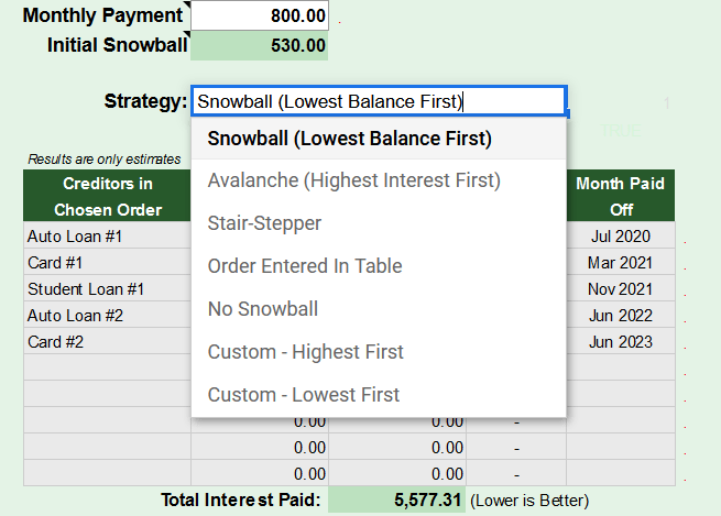 Screenshot of debt tracker spreadsheet for steps on how to usea